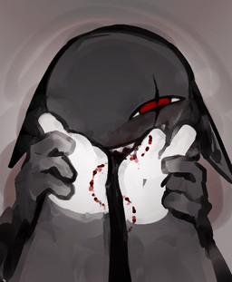 anthro bite_mark black_body black_fur blood bodily_fluids duo eye_scar facial_scar first_person_view fur male nude red_eyes scar simple_background solo_focus toony carbontrioxide mewgenics zodiac_(mewgenics) domestic_cat felid feline felis mammal 2026 digital_drawing_(artwork) digital_media_(artwork)
