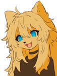 blue_eyes brown_clothing clothing female fur open_mouth simple_background solo star_eyes tongue white_background yellow_body yellow_fur eneki_sei bird_dog canid canine canis domestic_dog golden_retriever humanoid hunting_dog mammal retriever 3:4 half-length_portrait hi_res portrait