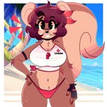 amber_eyes anthro arm_tuft band-aid bandage beach beach_background big_breasts bikini bikini_bottom blush bodily_fluids breasts brown_body brown_fur chest_tuft clothed clothing colored_edge_bikini elbow_tuft eyebrow_through_hair eyebrows eyelashes eyewear female fluffy fluffy_tail fur glasses gloves hair handwear kerchief lifeguard looking_at_viewer navel pubes purple_hair shirt short_hair shoulder_tuft smile solo swimwear tail teeth thick_thighs tied_shirt topwear translucent translucent_hair tuft two-piece_swimsuit whistle_(object) wireless_shiba shelly_bélier mammal rodent sciurid tree_squirrel 1:1 2024 absurd_res digital_media_(artwork) hi_res