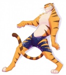 anthro barefoot biped bottomwear claws clothed clothing countershading digital_media_(artwork) disney feet felid fur kerestan looking_at_viewer male mammal orange_body orange_fur pantherine shorts simple_background solo standing stripes tail tail_between_legs tiger tiger_dancer_(zootopia) topless whiskers white_background zootopia zootopia_shorts
