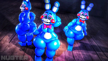 3_toes 4_fingers anthro blue_body bow_tie breasts buckteeth butt crossgender eyeshadow featureless_breasts feet female fingers floor green_eyes group hand_behind_head hands_on_hips looking_at_viewer machine makeup medium_breasts mtf_crossgender open_mouth purple_eyeshadow square_crossover teeth thick_thighs toes trio walking wood wood_floor nugter five_nights_at_freddy's five_nights_at_freddy's_2 scottgames toy_bonnie_(fnaf) animatronic lagomorph leporid mammal rabbit robot robot_anthro 16:9 3d_(artwork) blue_theme cool_colors digital_media_(artwork) hi_res source_filmmaker_(artwork) watermark widescreen