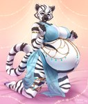 anthro areola areola_slip belly big_belly black_stripes blue_clothing blue_topwear clothed clothing ear_piercing ear_ring female fur glistening glistening_eyes huge_belly kneeling looking_at_viewer markings piercing pregnant pregnant_anthro pregnant_female purple_eyes ring_piercing smile solo striped_arms striped_body striped_fur striped_legs striped_markings striped_tail stripes tail tail_markings topwear tiggybloom veera_(toaofspace) felid mammal pantherine tiger hi_res