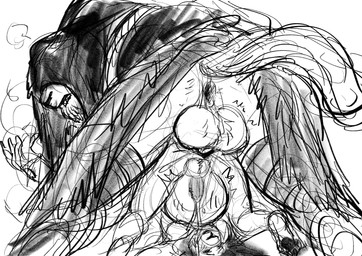 anal anal_knotting anal_penetration anthro anthro_on_anthro anthro_penetrated anthro_penetrating anthro_penetrating_anthro anus balls big_balls biped bodily_fluids butt clothing cum cum_inflation cum_inside cumshot digitigrade duo ejaculation genital_fluids genitals huge_balls inflation knotting male male/male male_penetrated male_penetrating male_penetrating_male pawpads paws penetration robe sex baothghalach elden_ring fromsoftware gurranq_(elden_ring) canid canine canis felid feline mammal wolf 2022 absurd_res digital_media_(artwork) greyscale hi_res monochrome