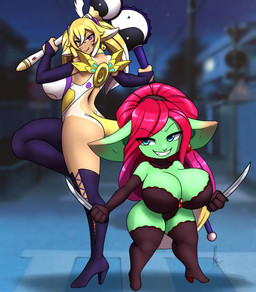 armwear big_breasts boots breasts cleavage clothed clothing dagger duo elbow_gloves female footwear gloves hair handwear high_heeled_boots high_heels huge_breasts knife legwear leotard markings melee_weapon pigtails ponytail scepter shoes shortstack shortstack_female side_boob staff thigh_boots thigh_highs weapon yin_yang furball bandai_namco digimon magical_girl_reni pepper_(samhat) renimpmon animal_humanoid canid canid_humanoid canine canine_humanoid fox_humanoid goblin humanoid mammal mammal_humanoid 2024 hi_res