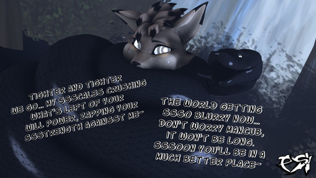 ambiguous_gender anthro black_body black_fur black_highlights black_scales brown_body brown_fur brown_hair coiling dialogue duo eye_scar facial_scar feral fur hair highlights_(coloring) hypnosis male mind_control multicolored_body multicolored_fur multicolored_hair nude_anthro nude_male restrained ringed_eyes scales scar submissive submissive_male text two_tone_body two_tone_fur two_tone_hair psikokinetic warfaremachine_(modeler) psiko_(psikokinetic) canid canine canis jackal mammal reptile scalie snake 16:9 2024 3d_(artwork) 4k absurd_res digital_media_(artwork) english_text hi_res source_filmmaker_(artwork) widescreen
