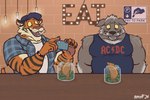 anthro blue_clothing clothing duo electronics empanada food hat headgear headwear male muscular muscular_male pastry phone restaurant taking_picture text nanoff ac/dc boomer_(nanoff) miles_(nanoff) canid canine canis felid mammal pantherine tiger wolf english_text hi_res