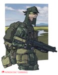 ambiguous_gender anthro army backpack biped clock clothed clothing cloud day detailed_background green_eyes grenade_launcher gun holding_gun holding_object holding_ranged_weapon holding_weapon long_neck looking_at_viewer military military_hat military_jacket military_uniform outside patreon_logo pouches pupils ranged_weapon rifle river sky slit_pupils soldier solo text trigger_discipline uniform warrior watch water weapon darbaras patreon lizard reptile scalie 2022 colored hi_res url male_(lore)