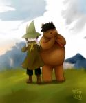 anthro belly brown_body brown_fur duo eyes_closed fur humanoid_hands outside overweight kenobear the_moomins snufkin bear mammal 2019 hi_res