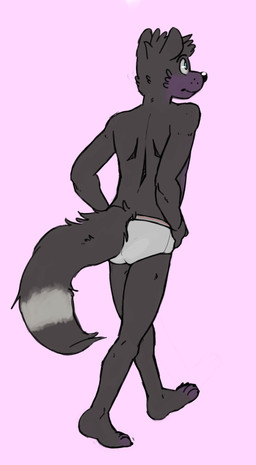 accessory anthro barefoot black_body black_fur blue_eyes briefs briefs_only clothed clothing feet fur furgonomics hands_on_hips jewelry looking_away male purple_background ring simple_background solo standing tail tail_accessory tail_jewelry tail_ring topless underwear underwear_only waistband_stripe walking p_rindustries mammal procyonid raccoon hi_res