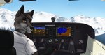 aircraft airplane anthro brown_eyes captain's_chair clothed clothing cockpit compass control_panel controls day detailed_background easter_egg_(meta) flying fur gps grey_body grey_fur hud inside_airplane lake looking_at_viewer looking_back male midair mountain pilot plant shirt smile snow solo text topwear tree vehicle white_clothing white_shirt white_topwear gaikotsu canid canine fox mammal red_fox silver_fox true_fox 2023 english_text signature