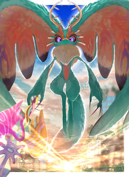 ambiguous_gender antares_(kirby_and_the_forgotten_land) anthro antlers biped black_sclera border chest_tuft cloud cloudy_sky colored_nails countershading day digitigrade dipstick_tail featureless_crotch fingernails floating fluffy fluffy_tail front_view fur glistening glistening_body glistening_fur head_wings holding_melee_weapon holding_object holding_polearm holding_spear holding_weapon horn huge_wings levitation long_fingernails looking_at_viewer markings melee_weapon mouthless multicolored_body multicolored_eyes multicolored_fur nails neck_tuft nude nude_anthro orange_body orange_fur outside outside_border pink_eyes polearm pupils purple_fingernails purple_nails sky solo spear tail tail_markings tan_body tan_fur teal_body teal_eyes teal_fur tuft unusual_wing_placement weapon white_border wings zakobennki kirby_(series) kirby_and_the_forgotten_land nintendo fecto_elfilis alien chinchilla chinchillid mammal rodent starling_(kirby) 2025 digital_media_(artwork) digital_painting_(artwork) hi_res painting_(artwork)