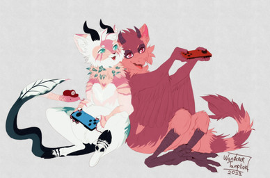 ambiguous_gender avian_feet blue_eyes chibi claws controller duo ears_up feathered_wings feathers feral fluffy fluffy_tail fur game_controller gaming hooves horn joycon_controller living_tail neck_tuft nintendo_controller open_mouth playful playing_video_game red_body red_eyes romantic romantic_couple simple_background smile snake_tail tail tongue toony tuft unusual_anatomy unusual_tail white_background white_body wings wanderertamplior nintendo nintendo_switch chimera hybrid reptile scalie snake digital_media_(artwork) hi_res