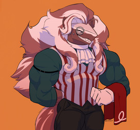 anthro belly brown_hair butler eyewear hair long_hair long_tail male monocle muscular red_eyes sharp_teeth smile solo tail teeth white_hair usurpthem cookie_run_kingdom devsisters esterhazy_(cookie_run) canid canine canis mammal wolf hi_res