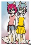 anthro blue_eyes blue_hair brown_body brown_fur duo female fur hair purple_hair tan_body tan_fur white_body white_fur ziegelzeig bad_guy_cafe aura_(firefox) lora_(firefox) canid canine fox mammal