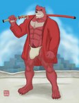 anthro asian_clothing big_muscles body_hair clothing clothing_aside east_asian_clothing fundoshi fundoshi_aside fur japanese_clothing katana kemono male melee_weapon muscular muscular_anthro nipples solo sword underwear underwear_aside weapon risuhiena the_boy_and_the_beast kumatetsu bear mammal absurd_res hi_res