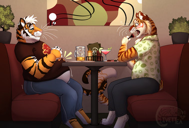abdominal_bulge age_difference alcohol anthro barefoot beer belly belly_exposed beverage big_belly bloated blush blush_lines booth_seating clothed clothed_anthro clothed_male clothing cocktail collared_shirt date diner dress_shirt duo eating embarrassed entwined_tails eyes_closed feet hand_on_belly kitchen_utensils looking_at_another male male/male older_male open_mouth overweight overweight_anthro overweight_male paws public restaurant romantic romantic_couple shirt slightly_chubby slightly_chubby_anthro slightly_chubby_male smile tail tail_coil tools topwear whiskers wobbling addiemins civettail anthony_(addiemins) chuck_(rabbitto) felid mammal pantherine tiger hi_res
