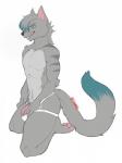 2017 anthro biped black_nose bottomwear canid canine canis clothed clothing crash_azarel_(character) digital_media_(artwork) eyebrows feet full-length_portrait fur genitals grey_body grey_fur grey_hair grey_tail hair half-erect hi_res jockstrap kneeling licking licking_lips licking_own_lips long_tail looking_at_viewer male mammal penis penis_base pink_penis pink_tongue poking_out portrait seductive self_lick short_hair signature simple_background solo spazzyhusky tail teeth toes tongue tongue_out topless underwear white_background white_bottomwear white_clothing white_underwear wolf yellow_eyes