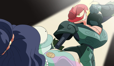 anthro armor big_breasts black_background black_hair blonde_hair breasts cleavage clothed clothing dress duo female fingers green_body green_skin hair hair_bun huge_breasts jewelry medium_breasts multicolored_body necklace non-mammal_breasts one_eye_closed pink_body pink_skin red_body red_skin sharp_teeth short_hair simple_background smile teeth two_tone_body wink inker_comics amphibia_(series) disney general_yunan lady_olivia amphibian newt salamander 2025 absurd_res hi_res