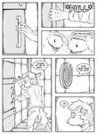 absurd_res anthro black_and_white canid canine clothed clothing comic dialogue door door_handle english_text fox hi_res inside kifyun2 male mammal missing_ear monochrome simple_background solo speaker speech_bubble text