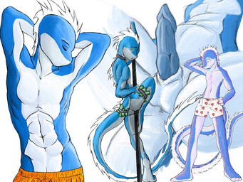 4_fingers abs anthro athletic balls biceps blue_body blue_scales boxers_(clothing) butt clothed clothing collar dancing erection erection_under_clothing fingers flexing genitals hair heart_boxers heart_clothing heart_pattern heart_pattern_underwear heart_symbol heart_underwear male money multiple_poses muscular muscular_anthro muscular_male nude orange_eyes pecs penis pole pole_dancing pose scales simple_background solo standing stripper tail topless underwear unusual_anatomy unusual_genitalia unusual_penis white_background white_hair aleron lizard reptile scalie 4:3