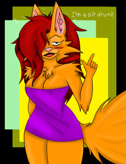 anthro big_breasts blush breasts bubble chest_tuft clothed clothing dress drunk drunk_bubble female fur hair long_hair looking_at_viewer nipple_outline open_mouth orange_body orange_fur pink_nose purple_clothing purple_dress red_hair short_dress simple_background smile solo substance_intoxication tail text thick_thighs tuft coyotebass xanny_(coyotebass) canid canine canis coyote mammal absurd_res digital_media_(artwork) english_text hi_res