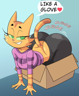 4_fingers all_fours anthro arm_support bedroom_eyes big_breasts big_butt big_ears big_iris biped black_bottomwear black_clothing black_eyebrows black_pants black_text blue_floor blue_wall bottom_heavy bottomwear box breasts bubble_butt butt butt_cleavage cheek_tuft clothed clothed_anthro clothed_female clothing container dialogue extended_arms eyebrows eyelashes facial_markings facial_tuft female fingers floor forward_arm_support fully_clothed fully_clothed_anthro fully_clothed_female fur fur_tuft glistening glistening_bottomwear glistening_butt glistening_clothing glistening_heart glistening_pants glistening_shirt glistening_t-shirt glistening_topwear green_eyes green_sclera half-closed_eyes head_markings heart_after_text heart_symbol high-angle_view huge_butt humanoid_hands in_box in_container inside internal_wall iris light_body light_fur light_markings long_eyelashes looking_aside markings mature_anthro mature_female monotone_background motion_lines motion_outline narrowed_eyes no_pupils open_mouth open_smile orange_body orange_ears orange_fur orange_stripes orange_tail pants pattern_clothing pattern_shirt pattern_t-shirt pattern_topwear pink_nose pointy_ears prick_ears purple_clothing purple_shirt purple_t-shirt purple_topwear red_heart seductive shaking_butt shirt simple_background smile solo sound_effects speech_bubble striped_body striped_clothing striped_face striped_fur striped_markings striped_shirt striped_t-shirt striped_tail striped_topwear stripes t-shirt tail tail_markings talking_to_self text text_with_heart thick_eyebrows thick_thighs three-quarter_view topwear tuft wall_(structure) white_speech_bubble dbaru third-party_edit coloringchips_(colorist) litterbox_comics fran_(litterbox_comics) domestic_cat felid feline felis mammal tabby_cat 2026 absurd_res color_edit colored digital_drawing_(artwork) digital_media_(artwork) english_text hi_res