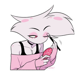 applying_makeup chest_tuft choker eyeshadow freckled_shoulders freckles glistening_eyelids jewelry looking_at_mirror looking_at_object makeup makeup_brush male mirror motion_lines necklace one_eye_closed personal_grooming pink_eyeshadow pocket_mirror simple_background solo tuft white_background enaic31 hazbin_hotel hellaverse angel_dust arachnid arthropod demon humanoid spider hi_res