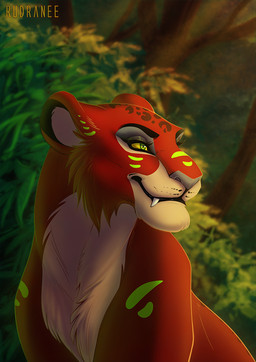 black_lips black_spots cheek_tuft chest_tuft dark_eyelids eyelashes eyeshadow facial_markings facial_tuft fangs female feral forest fur green_eyes grey_nose head_markings jungle lips looking_sideways makeup markings multicolored_body multicolored_fur nyssa_(ale-tie) plant red_body red_fur shrub smile solo spots teeth tree tuft two_tone_body two_tone_fur yellow_sclera rudranee felid lion mammal pantherine half-length_portrait hi_res portrait