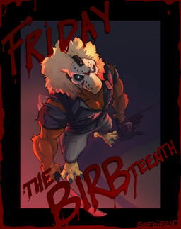 animal_mask anthro arm_tuft beak_mask black_hair blood bodily_fluids bottomwear brown_body brown_fur claws clothing elbow_tuft feathers feet fur glowing glowing_eyes hair hindpaw hockey_mask holding_severed_head looking_at_viewer looking_up looking_up_at_viewer machete male mask melee_weapon muscular neck_tuft pants paws severed_body_part severed_head shirt shirt_pocket sports_mask sportswear text topwear torn_clothing torn_shirt torn_topwear tuft weapon white_body white_feathers conditional_dnp sefeiren friday_the_13th friday_the_13th_(series) frisky_ferals mythology jason_voorhees thistle_(frisky_ferals) avian gryphon mythological_avian mythological_creature english_text hi_res