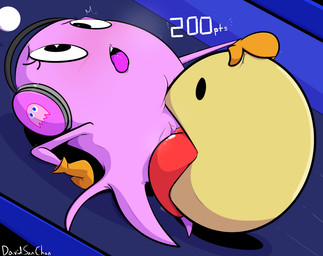 ahegao blush clothing cunnilingus duo electronics female genitals handwear headphones interspecies limbless looking_pleasured male male/female mittens noseless oral orange_clothing orange_handwear orange_mittens red_tongue sex tongue tongue_out vaginal vulva yellow_body yellow_skin davidsanchan bandai_namco pac-man_(series) pac-man pinky_(pac-man) ghost humanoid pac-person sphere_creature spirit 2021 digital_media_(artwork)