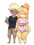 anthro balls blonde_hair blush bottomless clothed clothing duo female genitals gesture hair hand_gesture hand_holding heart_symbol male male/female penis pussy shirt simple_background t-shirt text text_on_clothing text_on_shirt text_on_topwear topwear v_sign white_background kentowan animal_crossing i'm_full_of_cum nintendo isabelle_(animal_crossing) canid canine canis domestic_dog human mammal shih_tzu toy_dog 3:4 digital_media_(artwork) english_text hi_res meme shaded