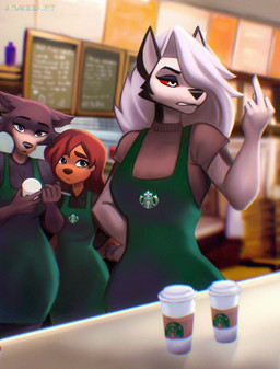 5_fingers anthro apron beverage breasts clothing coffee container counter cup ear_piercing employee employee_uniform eyebrow_piercing eyebrow_ring facial_piercing female fingers fur gesture group hair hair_over_eye hand_gesture markings menu_board middle_finger mole_(marking) mole_under_eye one_eye_obstructed piercing ring_piercing text trio aozee beastars disney goof_troop hellaverse helluva_boss mythology netflix starbucks juno_(beastars) loona_(helluva_boss) roxanne_rover canid canid_demon canine canis demon hellhound mammal mythological_canine mythological_creature northwestern_wolf wolf 2023 artist_name crossover hi_res