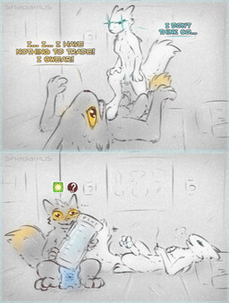 after_sex anthro black_body black_fur black_nose blue_pupils blush capsule confusion drugs duo female fentanyl fluffy fluffy_tail fur humor icepack male orange_sclera pupils smoking speech_bubble tail text white_body white_fur white_nose shadarrius casualties:_unknown canid canine expie_(gunsawian) gunsawian mammal milky_(gunsawian) english_text hi_res