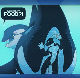 anthro black_arms black_fin black_legs blue_eyes breaking_glass butt butt_crush butt_squish dialogue dorsal_fin duo feral fin glass horn squish talking_feral white_horn dolphinproject mythology aquatic cetacean dolphin dragon mammal mythological_creature mythological_scalie oceanic_dolphin orca scalie toothed_whale 2026 hi_res