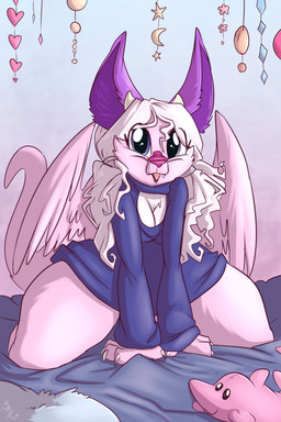 2_horns anthro back_wings biped claws cleavage_cutout clothed clothing cute_fangs cutout fangs feathered_wings feathers female front_view fur hair heart_symbol horn kneeling long_hair looking_at_viewer open_mouth pink_body pink_fur plushie small_horn solo sweater teeth tongue topwear turtleneck white_hair wings fuf mythology hally_(hally) alien cal-tsi dragon furred_dragon furred_scalie mythological_creature mythological_scalie scalie 2019 2:3 hi_res