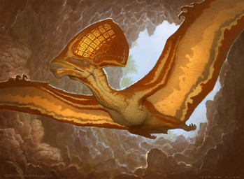 ambiguous_gender brown_body brown_fur cave claws day feral flying fur looking_away membrane_(anatomy) membranous_wings open_mouth plant solo tail tree wings john_tedrick hasbro magic:_the_gathering wizards_of_the_coast prehistoric_species pterosaur reptile scalie tapejaroid 2022 absurd_res hi_res official_art
