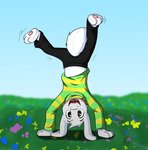 backwards big_eyes black_bottomwear black_clothing black_pants bottomwear clothed clothing flower grass happy male pants plant playful smile solo young naughtycatnick undertale undertale_(series) asriel_dreemurr boss_monster_(undertale) bovid caprine mammal monster