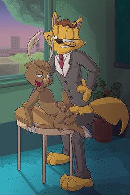 3_fingers 3_toes age_difference anal anal_penetration anthro anthro_on_anthro anthro_penetrated anthro_penetrating anthro_penetrating_anthro antlers arm_support balls barefoot biped blush bodily_fluids bottomwear bottomwear_down brown_body brown_fur brown_penis clothed clothing collarbone disguise dominant duo erection eyewear facial_hair feet fingers fur furniture genital_fluids genitals glans glasses half-closed_eyes horn inside interspecies larger_anthro larger_dom larger_male lying male male/male male_penetrated male_penetrating male_penetrating_male mustache narrowed_eyes necktie nude older_male on_back on_furniture on_table open_mouth orgasm_face pants pants_down partially_clothed penetration penile penile_penetration penis penis_in_ass pink_glans platform_sex precum reclined_table_lotus reclining red_necktie school sex size_difference smaller_anthro smaller_male smaller_penetrated smile smirk standing standing_sex student suit table tan_body tan_fur teacher teacher_and_student toes young young_anthro younger_male younger_penetrated fuf kaiketsu_zorori zorori canid canine deer fox mammal 2:3 alternate_version_at_source hi_res