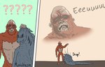 bald disgust disgusted_face disturbed empty_eyes feral male question_mark shedding shedding_skin simple_background solo sound_effects text ruubeszdraws godzilla_(series) toho godzilla skar_king mammal primate english_text hi_res