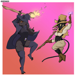 anthro black_body black_fur duo female fire fur magic_user red_eyes simple_background simple_eyes witch witch_costume kamino1 felid feline mammal 1:1 absurd_res hi_res