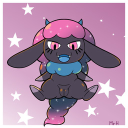 fangs female feral genitals hair horn looking_at_viewer open_mouth pink_eyes pink_hair presenting smile solo spreading tail teeth vulva mr_harinezumi palworld pocketpair daedream mammal pal_(species) 1:1 hi_res