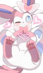 3_toes ambiguous_feral ambiguous_gender blue_inner_ear blue_sclera blush blush_lines bow_(anatomy) bow_(feature) featureless_crotch feet feral front_view fur heart_symbol kemono leg_markings looking_at_viewer lying markings monotone_tail multicolored_body multicolored_fur on_back one_eye_closed pawpads pink_body pink_ears pink_fur pink_pawpads pink_tail quadruped ribbons ribbons_(anatomy) simple_background smile socks_(marking) solo tail toes two_tone_body two_tone_fur white_background white_body white_eyes white_fur wink fuji_another nintendo pokemon eeveelution generation_6_pokemon mammal pokemon_(species) sylveon 2024 3:5 colored digital_media_(artwork) full-length_portrait hi_res portrait shaded