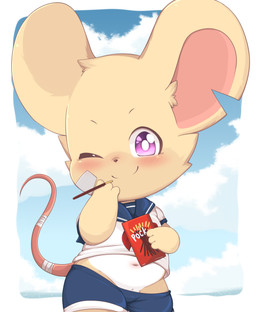 anthro barely_visible_genitalia barely_visible_penis biped blush bottomwear clothing cloud food genitals male navel one_eye_closed penis shirt shorts solo standing topwear wink young toruu pocky mammal mouse murid murine rodent 2025 absurd_res hi_res