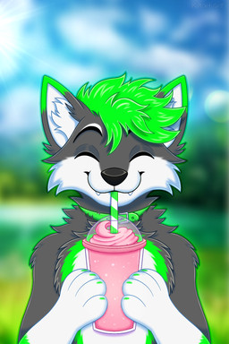 anthro beverage black_nose clothed clothing cold_drink collar colored_nails countershade_accent dairy_products food fur green_body green_collar green_fur green_hair green_nails green_straw grey_body grey_fur hair male male_anthro nails narrowed_eyes scenery scenic_background scenic_view solo squint strawberry_milkshake striped_straw topless topless_anthro topless_male whipped_cream white_body white_fur white_straw kirohusky kory_the_fox canid canine fox mammal 2:3 hi_res