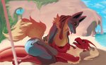 after_kiss anthro anthro_on_anthro beach blaziken blue_eyes bodily_fluids breast_squish breasts breasts_frottage butt butt_grab canid canine detailed_background duo female female/female generation_3_pokemon generation_6_pokemon hand_behind_back hand_on_butt icebrew looking_at_another lying mammal mega_evolution mega_lucario neck_tuft nintendo nipples on_back open_mouth outside pokemon pokemon_(species) saliva saliva_string seaside squish straddling tongue tongue_out tuft water yellow_sclera