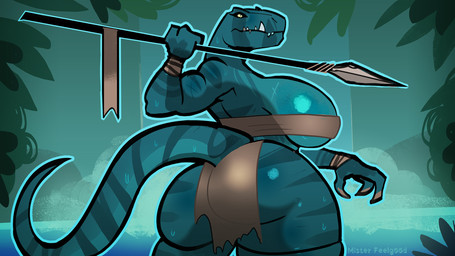 anthro big_breasts big_butt bottomwear breasts butt clothing eyelashes female forest glistening glistening_breasts glistening_butt green_body huge_breasts huge_butt loincloth melee_weapon plant polearm solo spear striped_body stripes thick_thighs topwear tree tribal tube_top weapon wide_hips jackghigo primal_(series) fang_(primal) dinosaur prehistoric_species reptile saurischian scalie theropod tyrannosaurid tyrannosauroid tyrannosaurus tyrannosaurus_rex 2026 hi_res