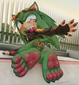 4_toes 5_fingers aged_up anthro anus anus_focus aroused balls black_claws black_clothing black_gloves black_handwear black_jacket black_nose black_topwear blue_eyes blush blush_lines blushing_profusely body_blush bottomless broken_condom butt butt_blush butt_focus butt_slap chest_tuft claws clothed clothing concrete condom detailed_anus detailed_background ear_blush ear_piercing ear_stud evil_grin exclamation_point exhibitionism eyewear eyewear_on_head facial_hair fangs feet fingerless_gloves fingerpads fingers foot_focus full_foot_pawpads fur genital_focus genitals glistening glistening_anus glistening_balls glistening_butt glistening_genitalia gloves goatee green_body green_facial_hair green_fur green_goatee green_pubes green_sideburns handpaw handwear heart_catchlight humanoid_feet jacket leather leather_clothing leather_jacket leather_topwear looking_at_viewer male mature_anthro mature_male motion_lines multicolored_clothing multicolored_topwear nature park pawpads paws piercing pink_pawpads pink_paws plantigrade plantigrade_pawpads presenting presenting_anus presenting_balls pubes public public_exposure quills_(anatomy) raised_tail red_anus red_clothing red_eyewear red_gloves red_handwear red_sunglasses red_topwear sabotaged_condom scar sexual_barrier_device sharp_teeth short_tail sideburns sitting sitting_on_ground sky slap slapping_own_butt slapping_self smile smiling_at_viewer smirk smirking_at_viewer smug_expression smug_face smug_grin solo spiked_tail spikes spikes_(anatomy) sunglasses sunglasses_on_head tail tan_body tan_inner_ear tan_skin teeth thigh_slap toes tongue tongue_out tongue_piercing tongue_stud topwear tuft unused_condom unusual_eyes wearing_sunglasses wrapped_condom wrinkles yellow_clothing yellow_topwear zipper xx_hahamonsterpp_xx archie_comics sega sonic_the_hedgehog_(archie) sonic_the_hedgehog_(comics) sonic_the_hedgehog_(series) scourge_the_hedgehog eulipotyphlan hedgehog mammal absurd_res hi_res signature watermark
