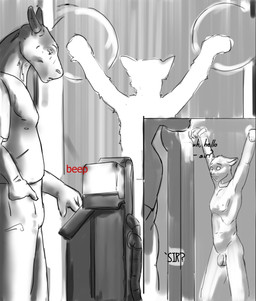 anthro beep bottomwear bright_light clothed clothed_male clothing dialogue duo ears_back genitals hand_in_pocket horn inside looking_up machine male male/male male_anthro nipples nude nude_male open_mouth pants penis pivoted_ears pockets red_text shirt size_difference size_transformation slave speech_bubble text topwear transformation jeri_kleinlowe mythology domestic_cat dragon felid feline felis mammal mythological_creature mythological_scalie scalie 2022 english_text greyscale hi_res monochrome