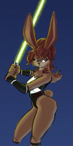 anthro blue_eyes breasts brown_body brown_fur brown_hair clothing eyebrows eyelashes female fur green_lightsaber hair leotard lightsaber melee_weapon neck_tuft ponytail solo tan_body tan_fur tuft weapon gamesfan star_wars star_wars_visions lop_(star_wars_visions) lagomorph lepi leporid mammal rabbit hi_res