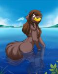 anthro arched_back bathing bite breasts brown_body brown_fur brown_hair butt canid canine canis casual_nudity chest_tuft colored conditional_dnp detailed_background ears_back embarrassed featureless_breasts female fur grey_eyes hair hair_over_eye keidran leaf looking_at_viewer looking_back mammal natani nude object_in_mouth one_eye_obstructed outside partially_submerged pivoted_ears plant rubber_duck side_boob skinny_dipping solo surprise tom_fischbach tuft twokinds water wet wet_body wet_fur wolf